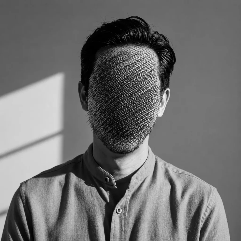 Persona con camisa de cuello mao retratada sobre una pared gris, con la luz de una ventana proyectada a su izquierda